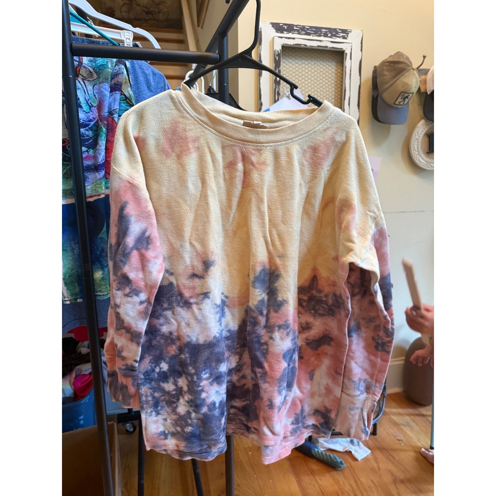 Wonderly Studio Womens Tie Dye Long Sleeve Sweatshirt Yellow Pink Blue Medium